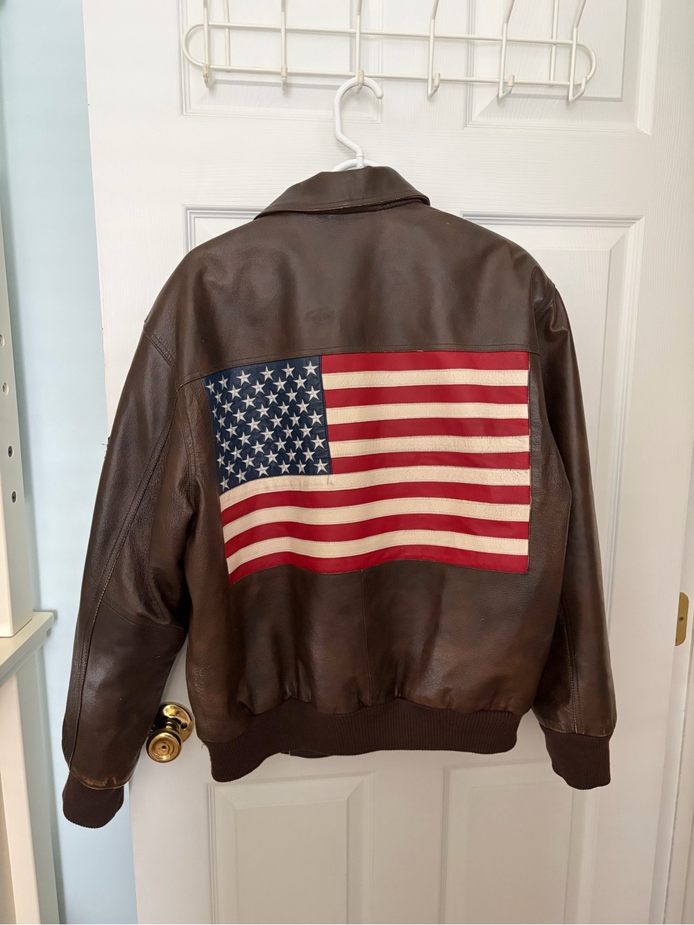 Brown Leather Bomber Jacket with American Flag Back